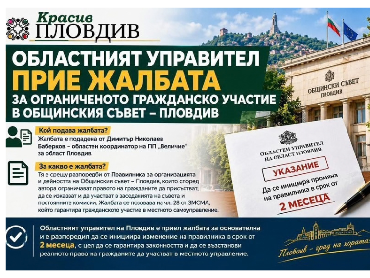 Областният управител на Пловдив прие за основателна жалбата на „Величие“ за гражданското участие в Пловдивския общински съвет 